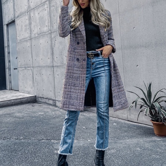 plaid trench button pea coat jacket mid length - Picture 5 of 8
